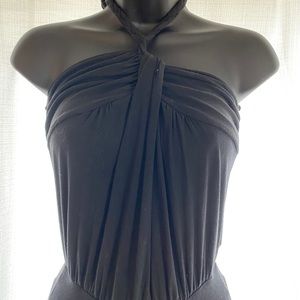 Full piece, wide leg , open back tie around neck .